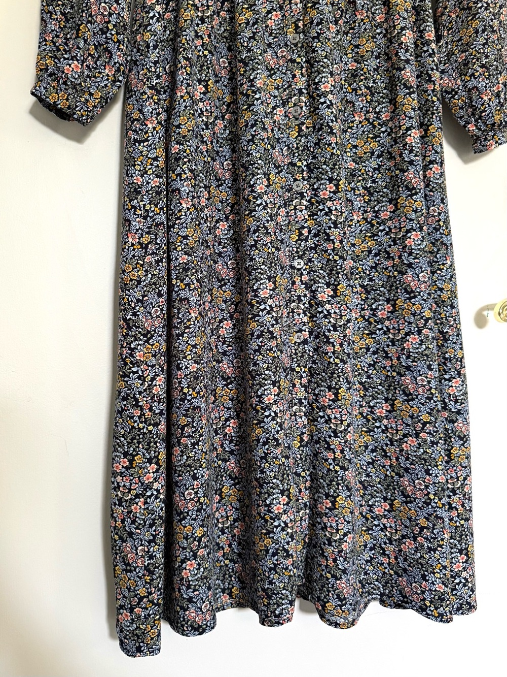 LOFT Navy Blue Floral Long-Sleeve Button Down Midi Dress - Picture 3 of 16